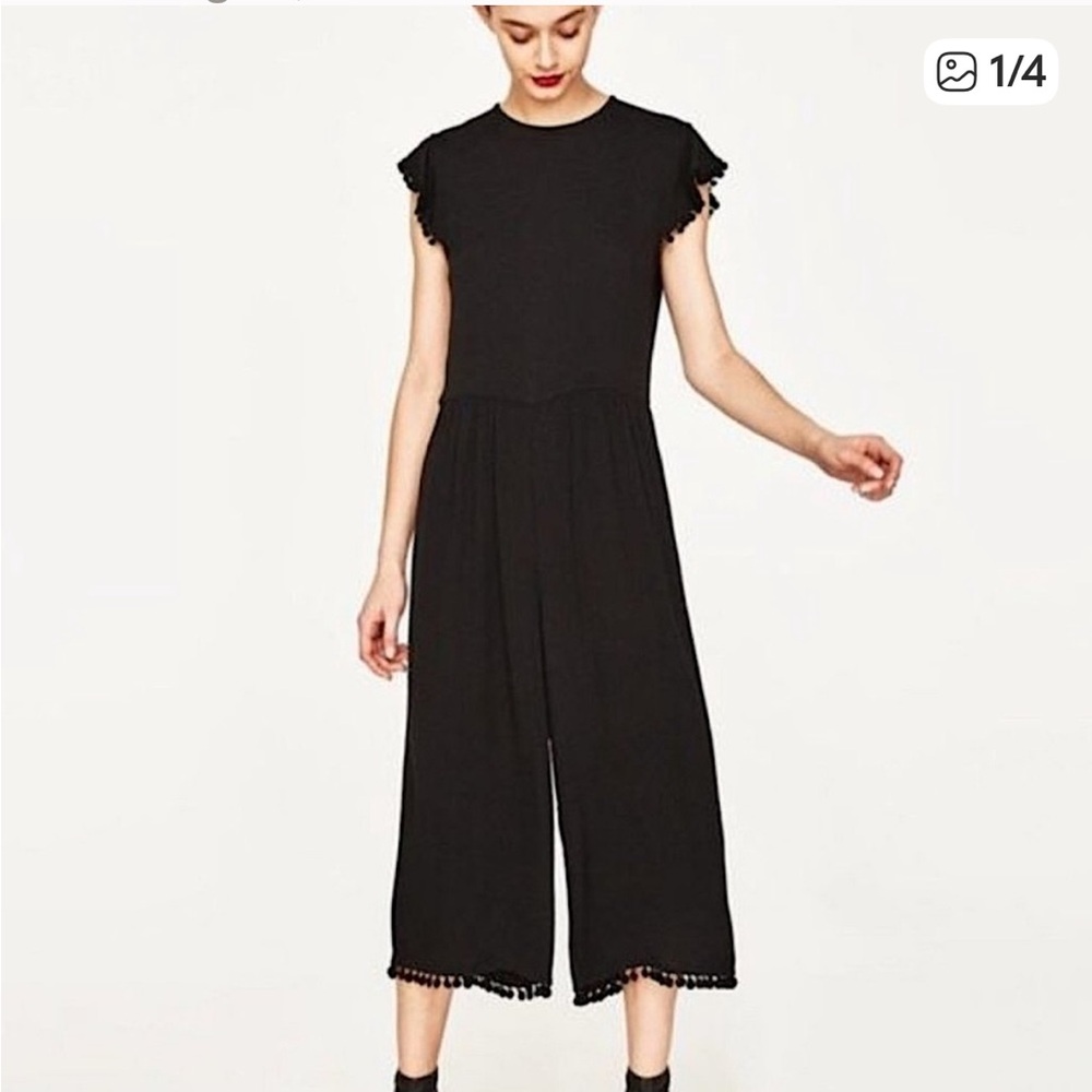Zara Black Pompom Trim Jumpsuit size M
